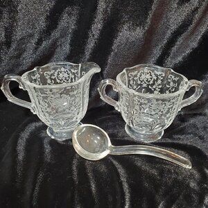Fostoria Navarre Clear Etched Glass Creamer & Open Sugar Bowl Set With Spoon